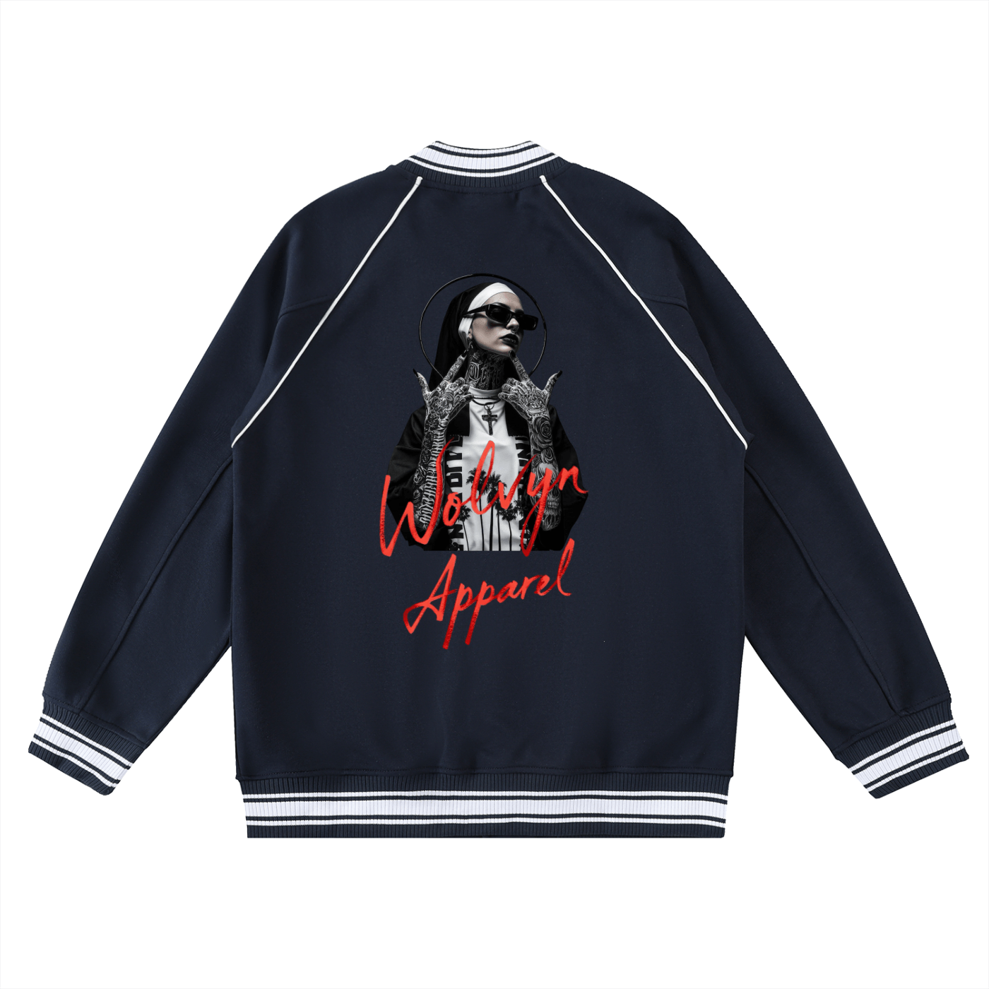 Navy varsity jacket with white trim, bold nun graphic and red script on the back