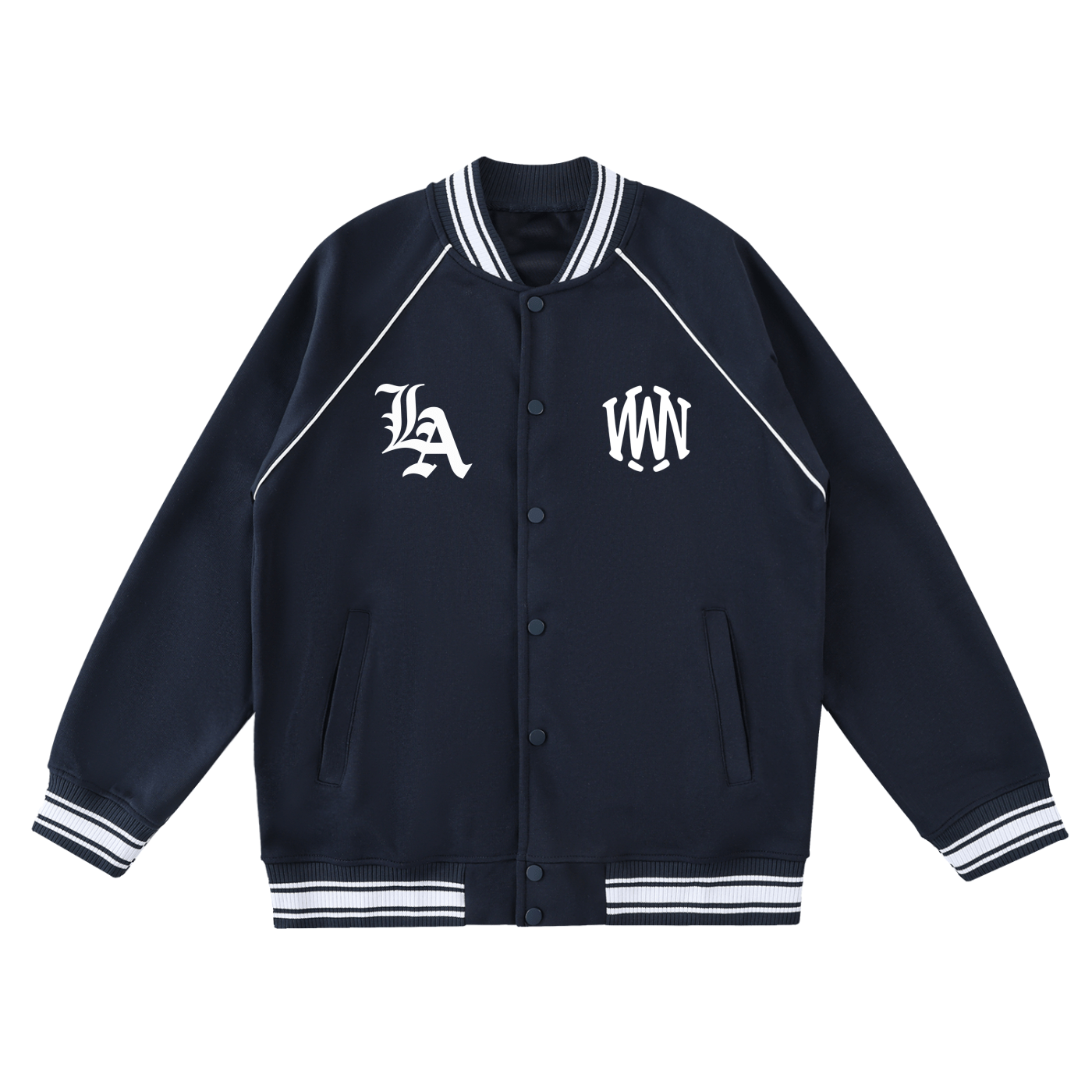 Navy varsity jacket with white contrast trim, embroidered LA and MWN letters on front
