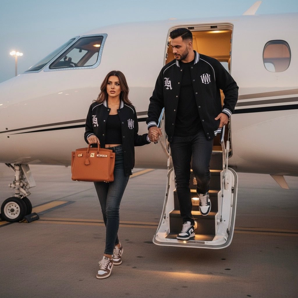 Man and woman in black contrast trim varsity jackets, exiting a private jet on runway