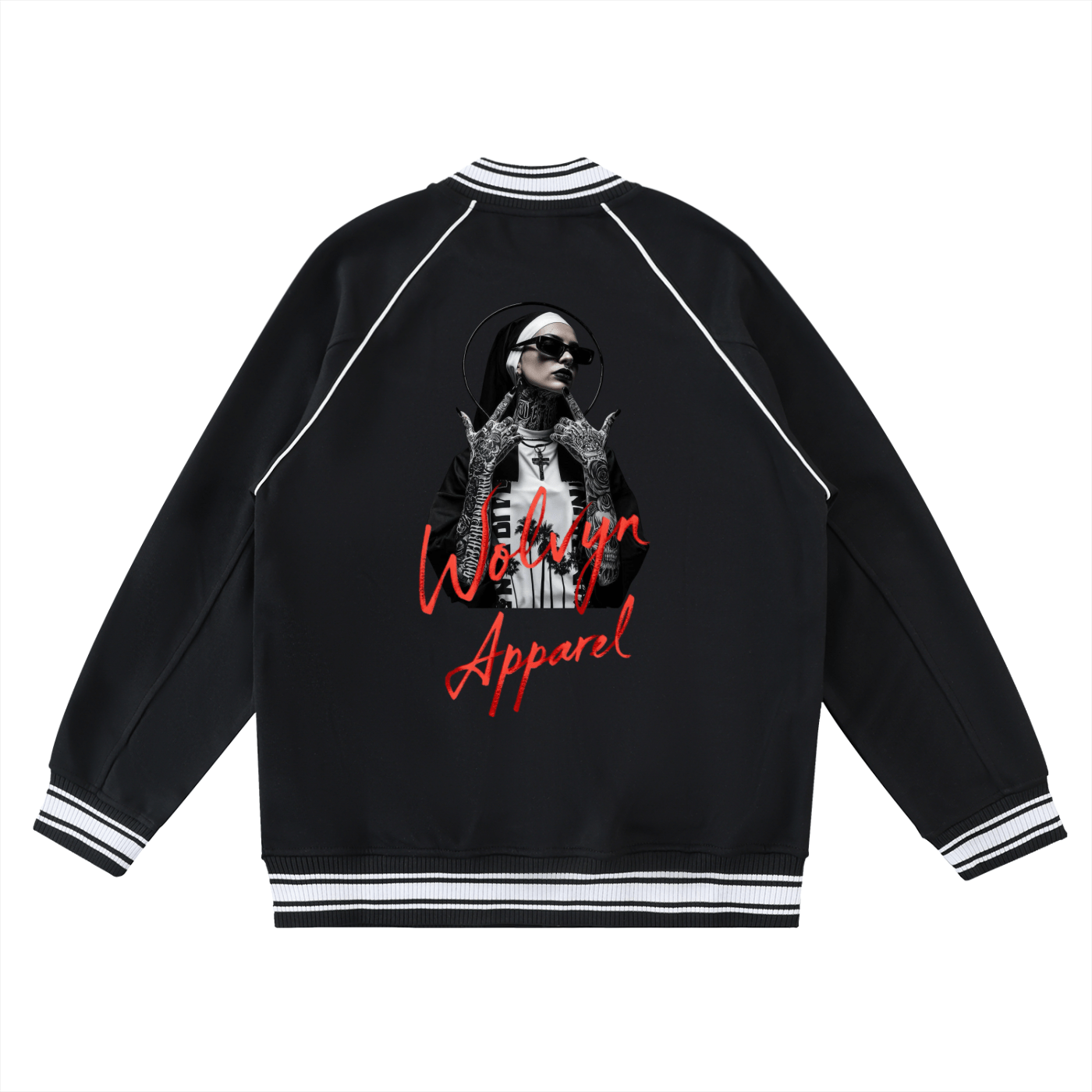 Black varsity jacket with nun graphic, contrast trim, and red Wolvyn Apparel text on back