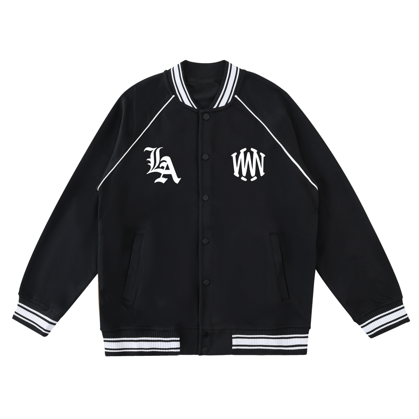 Black varsity jacket with white contrast trim, striped cuffs, and bold front lettering.
