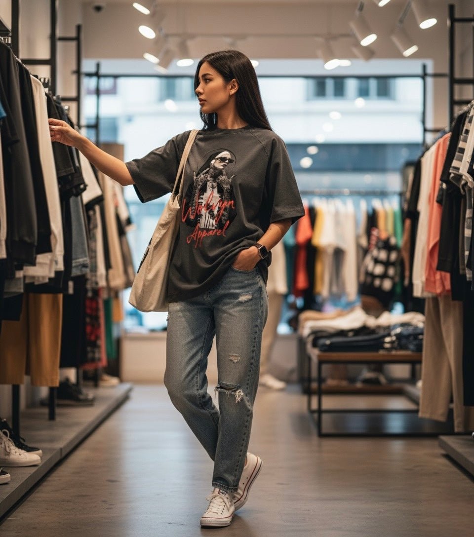 Wolvyn The Nun vintage washed raglan cotton tee unisex loose fit drop shoulder round neck 100% cotton front print 40x52cm