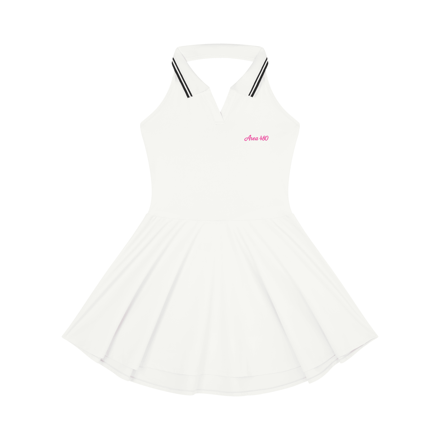 White collared halter A-line tennis dress with black stripe details and pink 'Area 480' text.