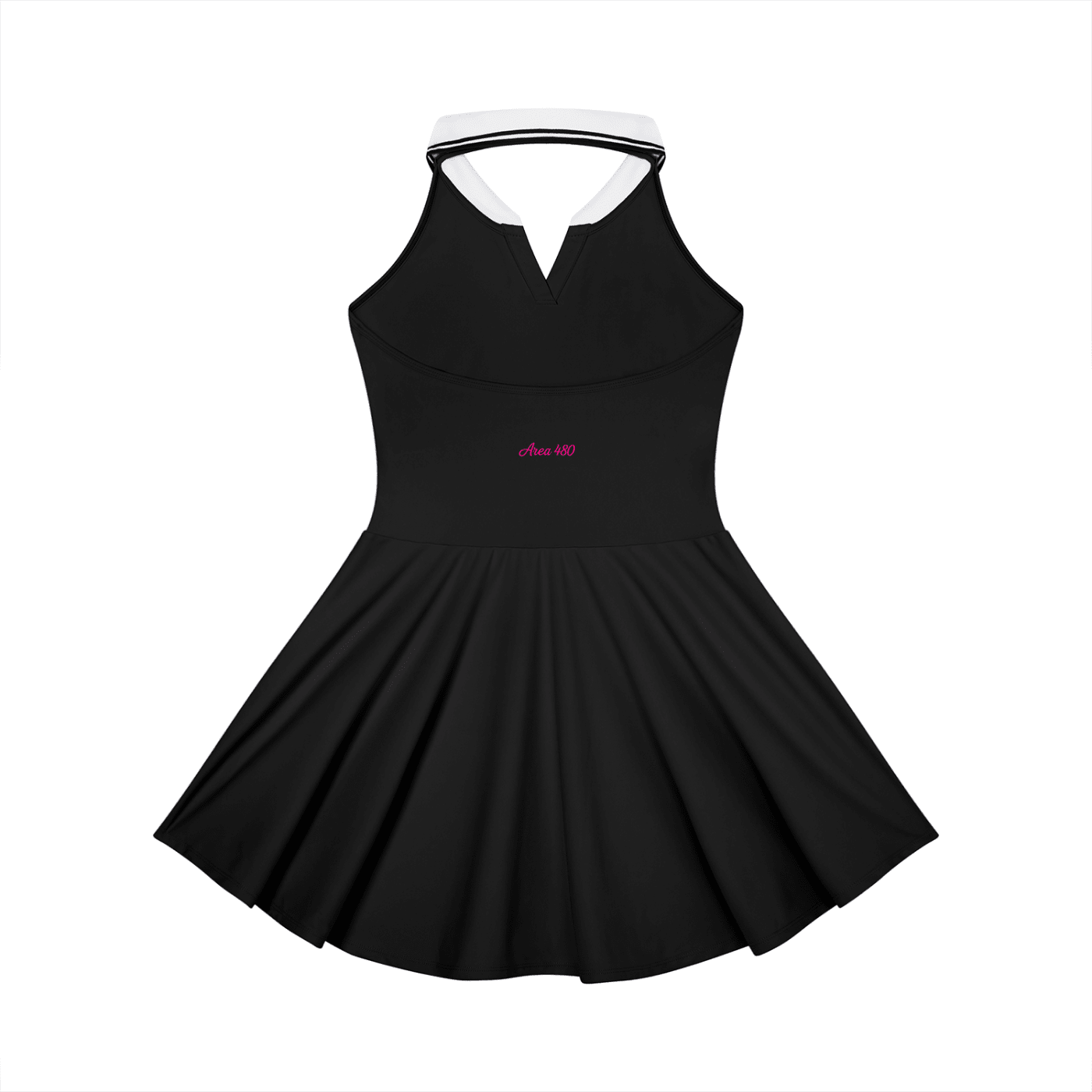 Black collared halter tennis dress with A-line skirt and white neckline detail