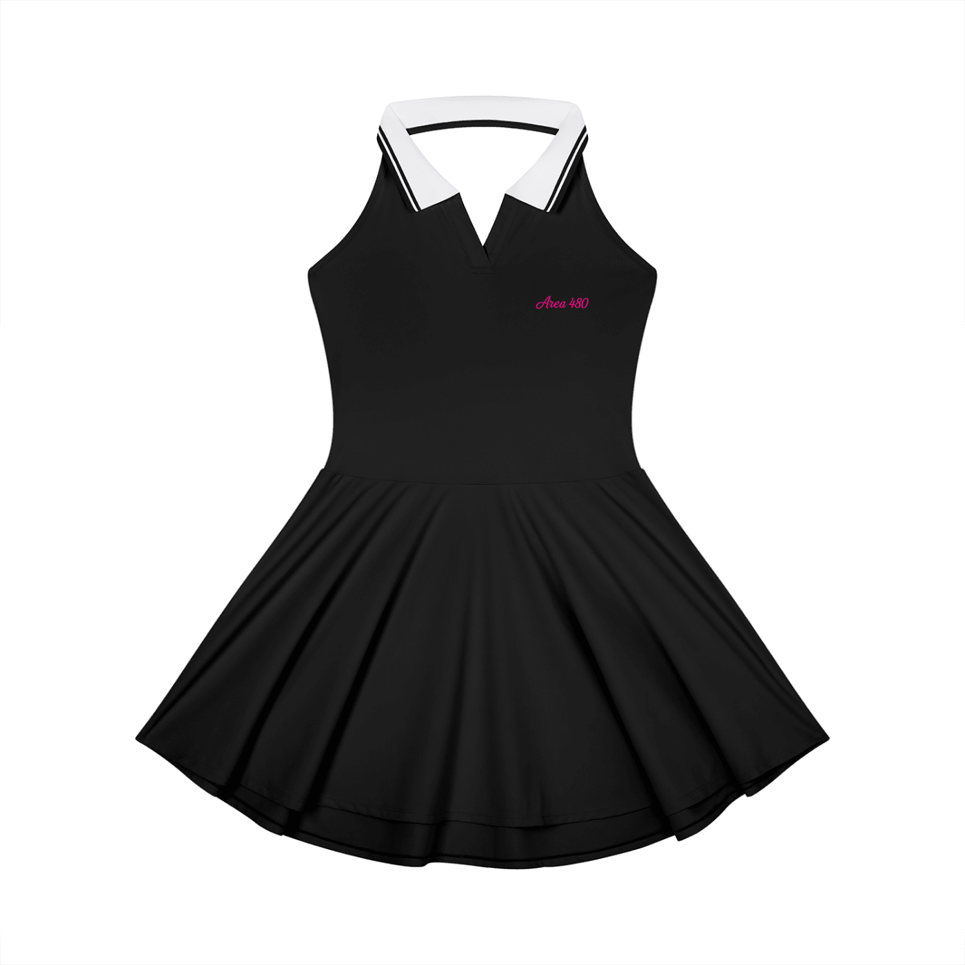 Black collared halter A-line tennis dress with white trim and subtle chest logo on front.