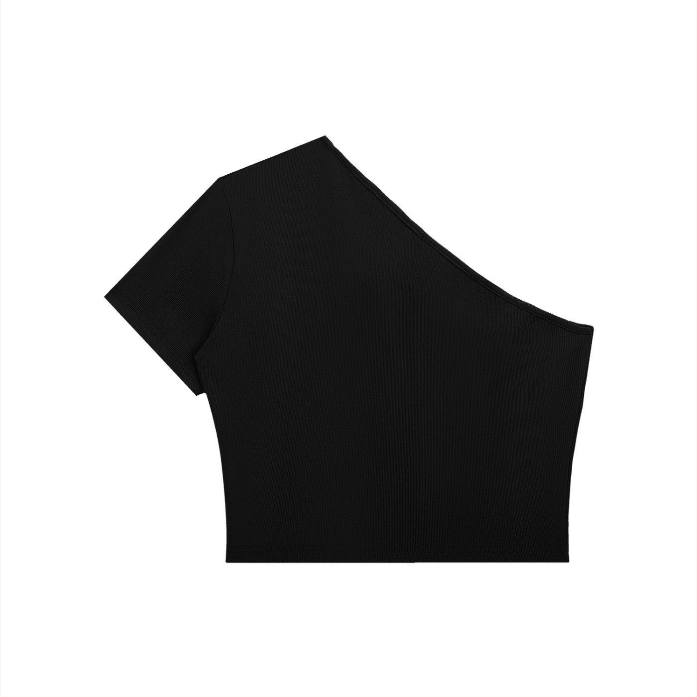 Black one-shoulder crop top for women, minimalist streetwear style, isolated on white background.