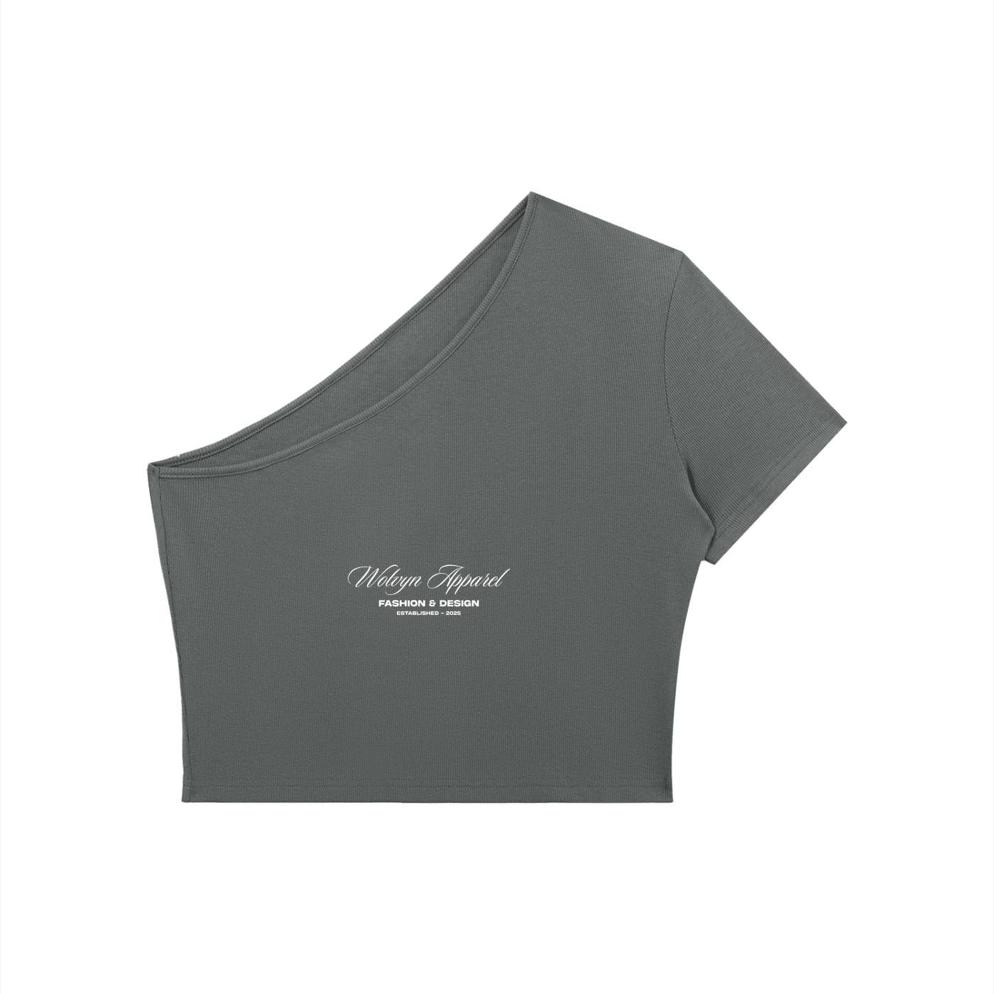 Women's one-shoulder crop t-shirt in dark gray with short sleeve and front script text.