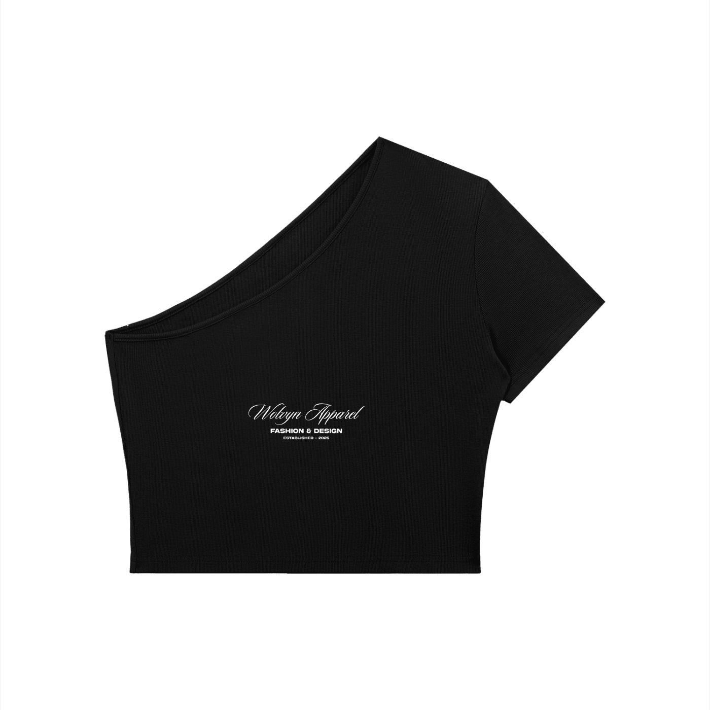 Black women’s one shoulder crop t-shirt with short sleeve and white chest text design
